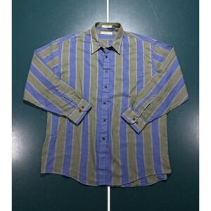 Vintage Vertical Striped Woven Button-Up Shirt Men XL Blue Green Herringbone 70s